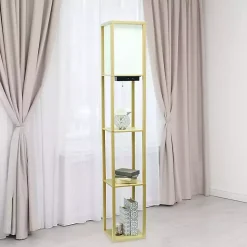 Tan Etagere Shelf Charging Floor Lamp