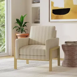 Tan Striped Upholstered Wood Frame Armchair