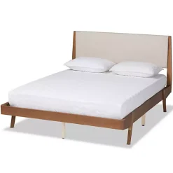 Tan Upholstered Brown Wood Queen Platform Bed