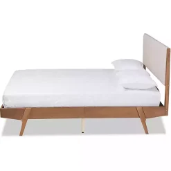 Tan Upholstered Brown Wood Queen Platform Bed