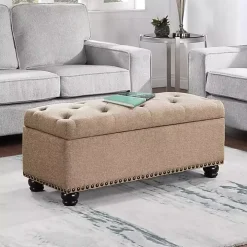 Tan Upholstered Carey Storage Ottoman Bench