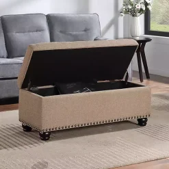 Tan Upholstered Carey Storage Ottoman Bench