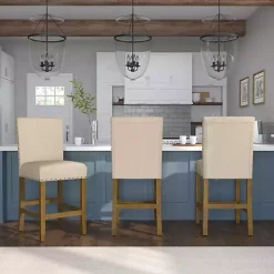 Tan Upholstered Nailhead Trim Counter Stool