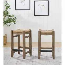 Twisted Seagrass and Wood Counter Stools, Set of 2