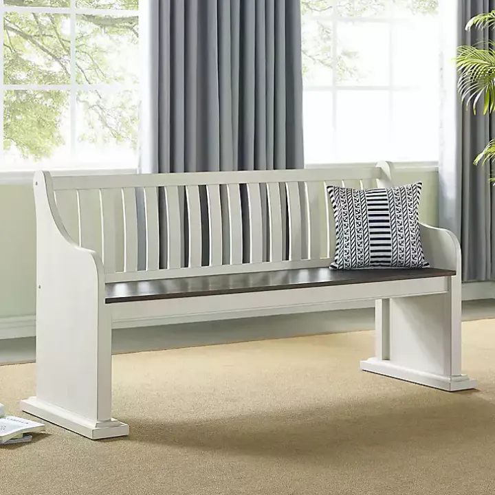 Two-Tone Dark Oak and Ivory High Back Wooden Bench