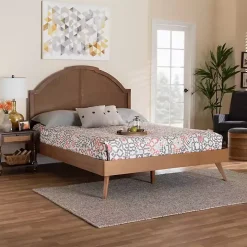 Walnut Brown Rattan Kelly Queen Platform Bed