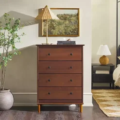 Walnut Mid-Century Modern 4-Drawer Wood Dresser
