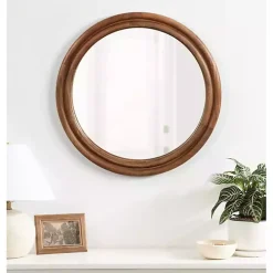 Walnut Wood Ribbed Round Wall Mirror
