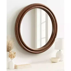 Walnut Wood Ribbed Round Wall Mirror