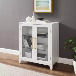 White & Gold Glass Door Storage Cabinet