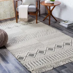 White and Black Diamond Tassel Wool Area Rug, 8x10