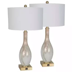 White and Gold Swirl Glass Table Lamps, Set of 2