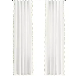 White and Tan Scalloped Curtain Panel Set, 84 in.
