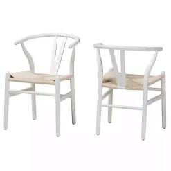 White and Tan Wishbone Dining Chairs, Set of 2