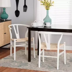 White and Tan Wishbone Dining Chairs, Set of 2