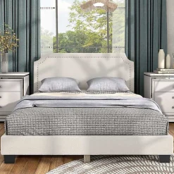 White Boucle Scalloped Corey Queen Platform Bed