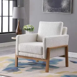 White Boucle Wood Frame Accent Chair
