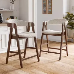 White Boucle Wood Penny Counter Stools, Set of 2
