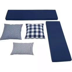 White Corner Bench with Blue Cushions