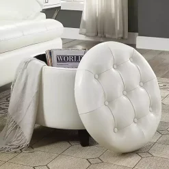 White Faux Leather Eliza Round Storage Ottoman