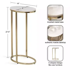 White Marble and Gold Oval C-Shape Accent Table