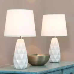 White Sculpted Diamond Table Lamps, Set of 2