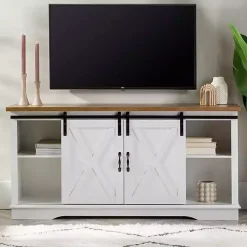 White Sliding Door Rustic Oak Top TV Stand