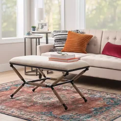 White Upholstered and Wrapped Rope Metal Bench