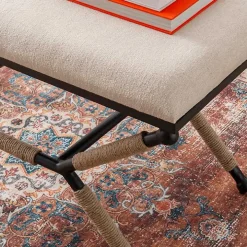 White Upholstered and Wrapped Rope Metal Bench