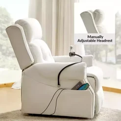 White Upholstered Lift Assist Massaging Recliner