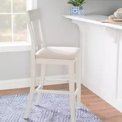 White Wood and Rattan Upholstered Bar Stool