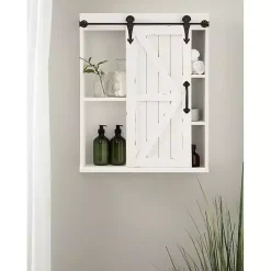 White Wood Barn Door 5-Shelf Wall Cabinet