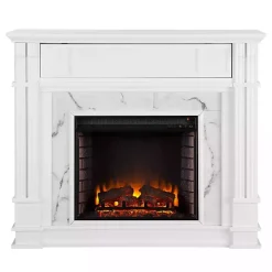 White Wood Faux Marble LED Media Fireplace