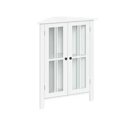 White Wood Two Pane Glass Doors Corner Cabinet