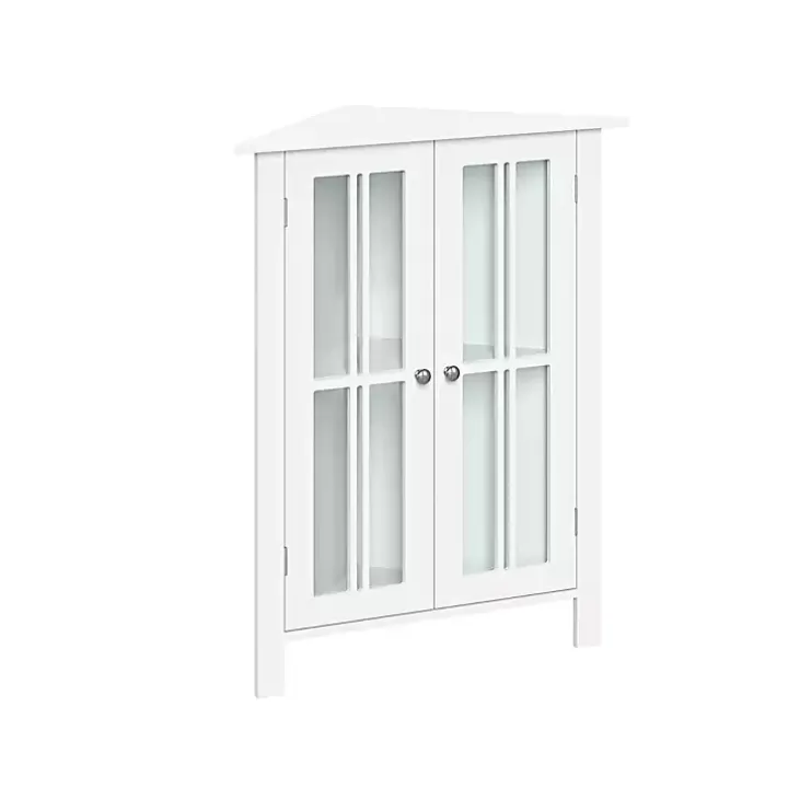 White Wood Two Pane Glass Doors Corner Cabinet