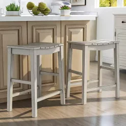 Whitewashed Saddle Seat Counter Stools, Set of 2