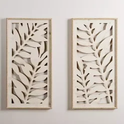 Whitewashed Wood Fern Wall Plaques, Set of 2
