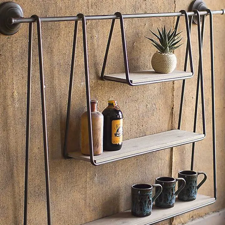 Wood and Metal Three-Tier Side Modern Wall Shelf
