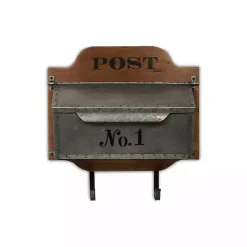 Wood and Metal Wall Storage Mail Box with Hooks