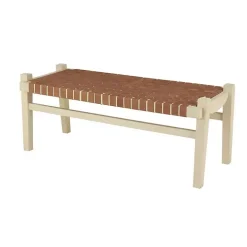 Woven Camel Leather Natural Wood Bench