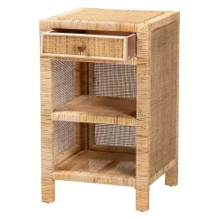 Woven Rattan and Mahogany Wood Nightstand