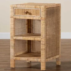 Woven Rattan and Mahogany Wood Nightstand
