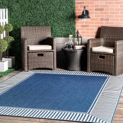 Asia Blue Stripe Border Outdoor Rug, 5x8