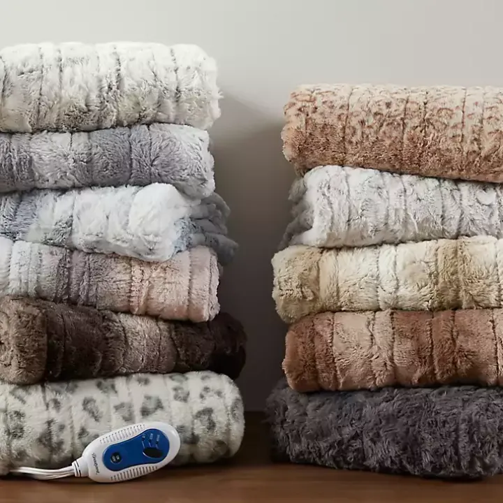 Beautyrest Gray Faux Fur Oversized Heated Throw