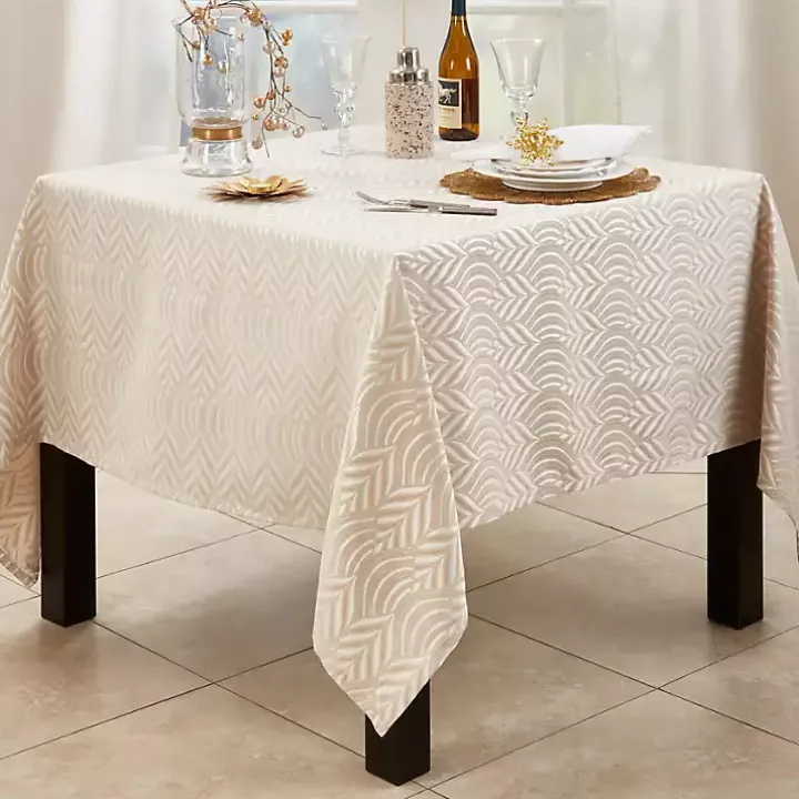 Beige Jacquard Leaf Tablecloth, 72 in.