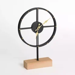 Black and Gold Metal Clock with Wooden Base
