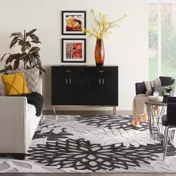 Black and White Floral Outdoor Area Rug, 7x10