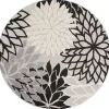 Black and White Floral Round Outdoor Area Rug, 5x5
