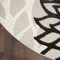 Black and White Floral Round Outdoor Area Rug, 5x5