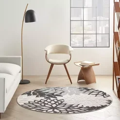 Black and White Floral Round Outdoor Area Rug, 5x5